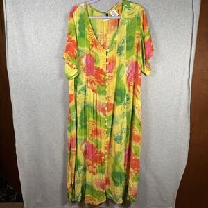 Vintage Phool Floral Hawaiian Gauze Rayon Button Dress Size XL Tropical